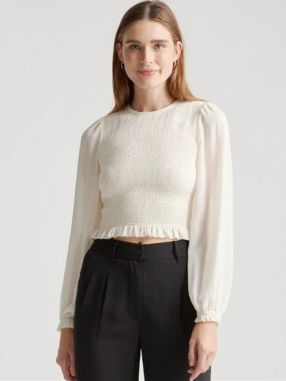 Quince Cream Chiffon Cropped Smocked Blouse